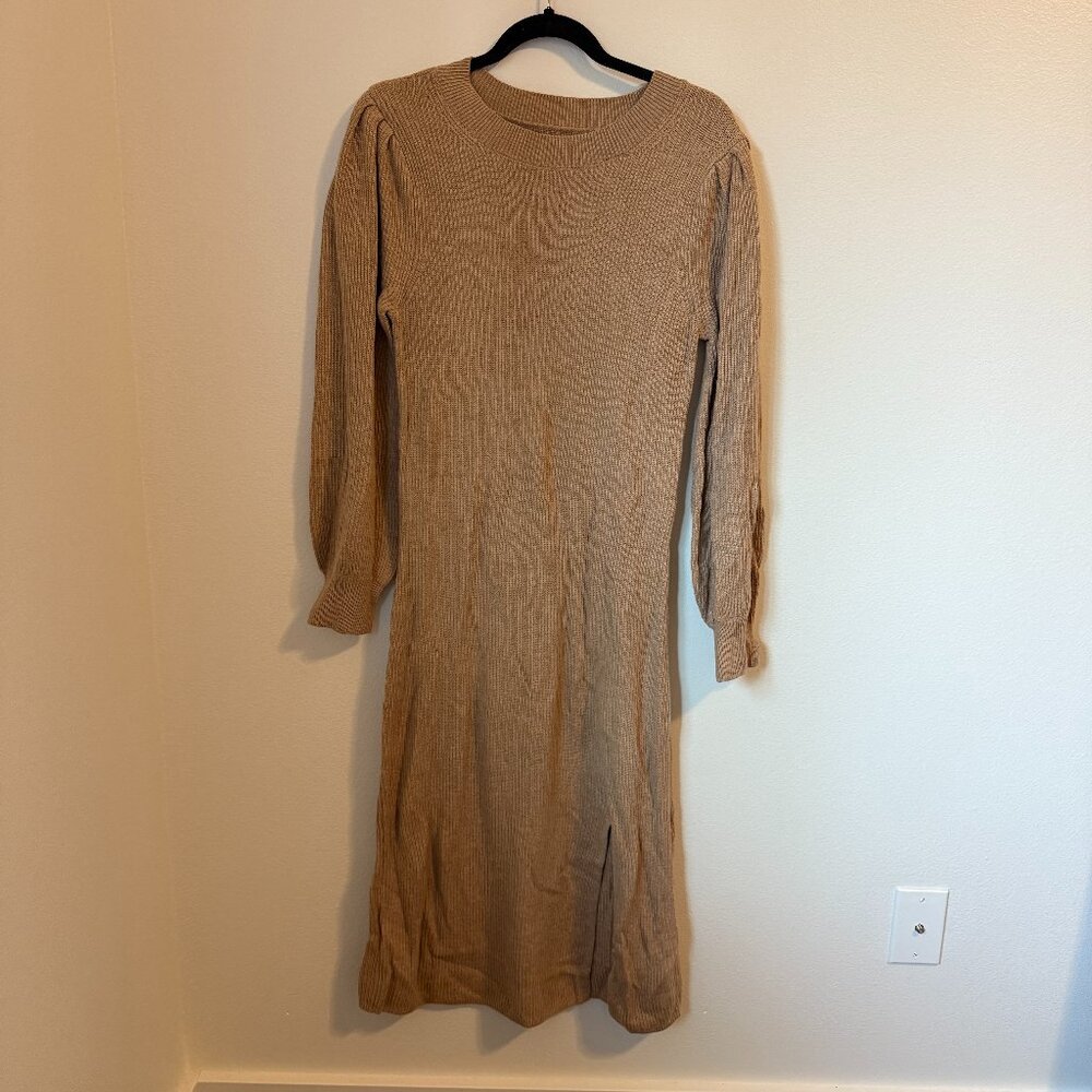 Abercrombie & Fitch Ribbed Midi Balloon Long Sleeve Tan Sweater Dress